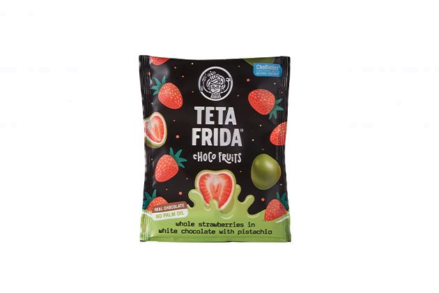 Choco fruits Whole strawberries in white chocolate with pistachio