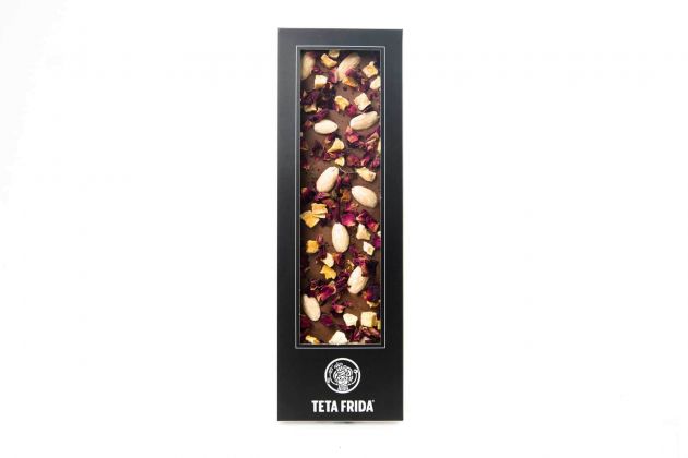 Milk chocolate with almonds, peach and rose flowers